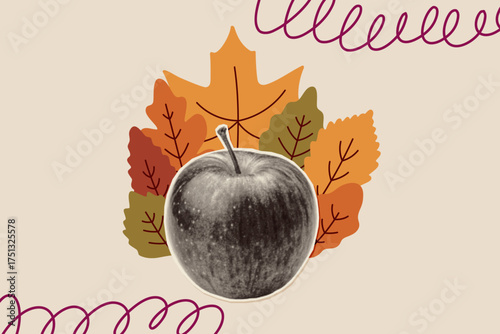 Autumn collage with halftone apple and colorful leaves. Retro mixed media style for seasonal design, fall posters, Thanksgiving invitations, harvest celebration, and creative decorations.