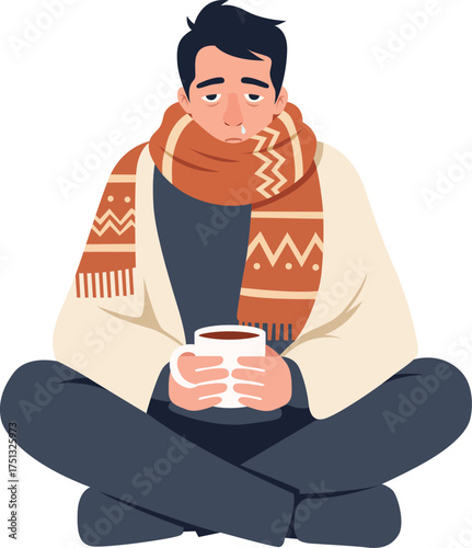 An illustration of a sick man wrapped in a scarf, sitting cross-legged and holding a mug of hot drink.