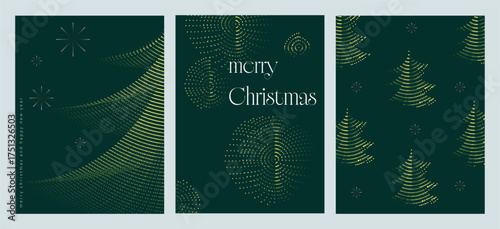 Green Christmas greeting card texture gold decoration. Christmas tree pattern, bauble dot gradient. Vector noise illustration