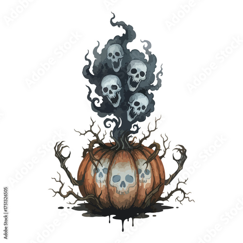 Eerie Halloween Pumpkin with Skull Faces and Ghostly Skull Smoke A Spooky Seasonal Decoration