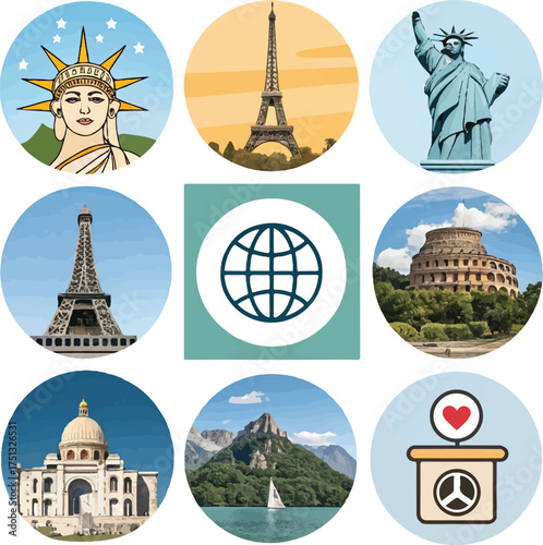 "World Landmarks Icon Set: Famous Monuments and Global Symbols"