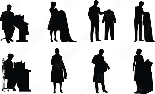 Silhouette tailors sewing clothes, fashion designers working with fabric, garment making illustration, creative textile design concept