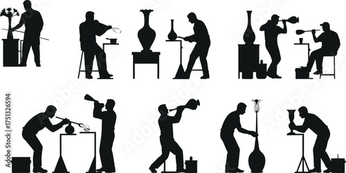 Silhouette of glassblowers creating vases, artisans working with molten glass, traditional glassblowing craft process