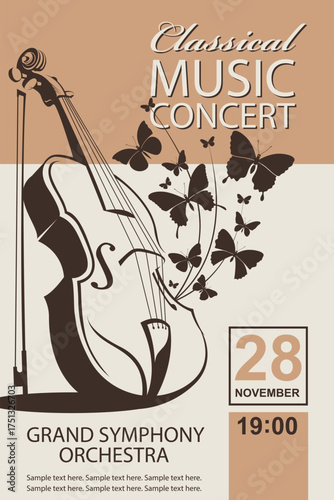 classical music concert poster with violin and butterflies