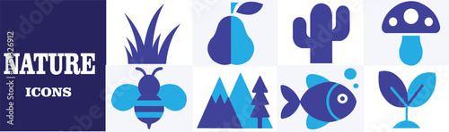 Nature Icons Flat Vector Grid Set