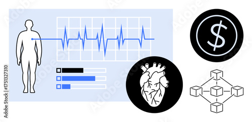 Human body with ECG, heart icon, financial dollar sign, blockchain diagram. Ideal for healthcare digitization, cardiology, medical tech, data exchange, fintech AI health tools simple flat metaphor