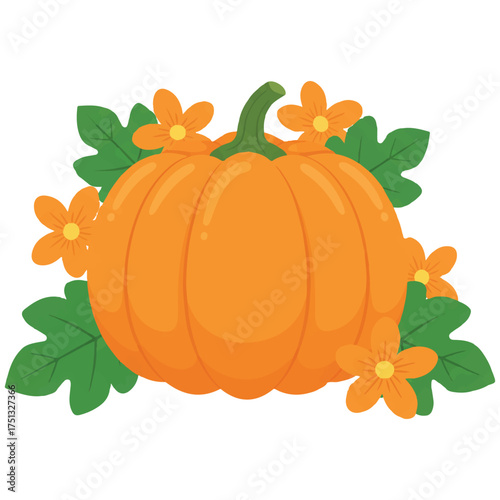 Festive Fall Harvest Pumpkin Display Surrounded by Cheerful Orange Flowers and Lush Green Leaves Bringing Seasonal Joy