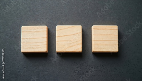 Three blank wooden tiles arranged in a row on a dark textured surface. These pieces are perfect for word games or custom designs, offering a space for creativity and imagination.