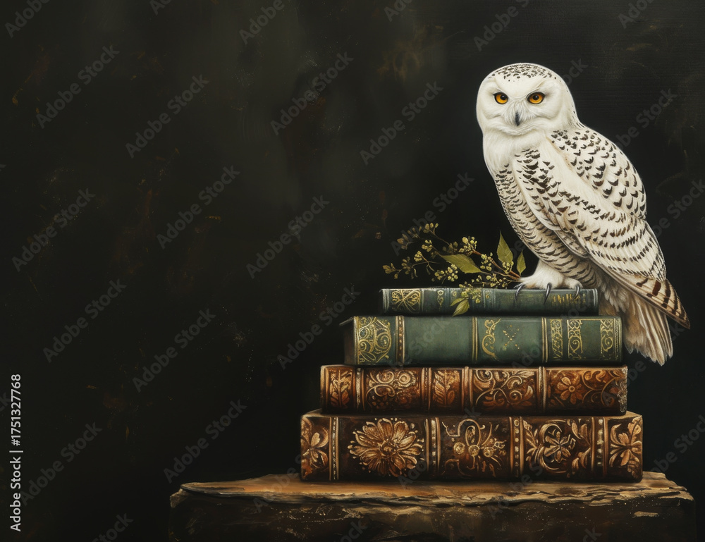 Fototapeta premium White Owl Sitting on Old Books Background with Copy Space