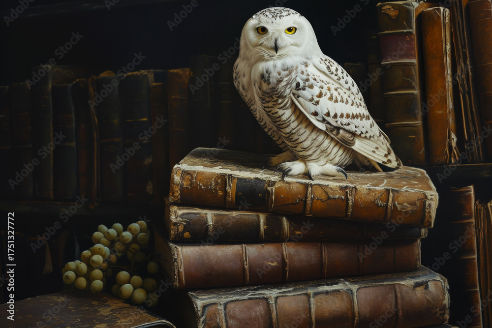 Fototapeta premium White Owl Sitting on Old Books Background with Copy Space