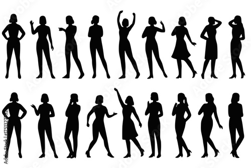 Female Silhouette Poses Collection in Black on Transparent Background for Fashion and Gesture Design
