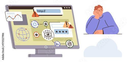 Mixed security icons, alert warnings, and login forms appear on a computer monitor while a tired user sits thoughtfully. Ideal for cybersecurity, data protection, technology, online threats, user
