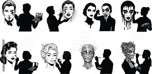 Creative makeup artist applying cosmetics on models, artistic face painting illustration, professional beauty transformation concept design