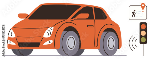 Orange car with large wheels, headlights, and integrated navigation icons near a pedestrian route map, traffic signal, and wireless sensor waves. Ideal for technology, navigation, safety