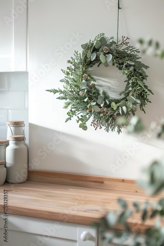 Minimalist green Christmas wreath made of eucalyptus, pine, and natural foliage hanging on a white kitchen wall, Scandinavian interior with wooden countertops and ceramic jars.