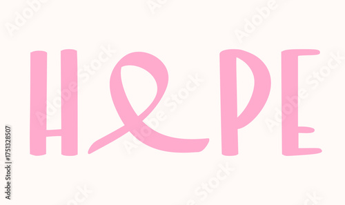 Pink “HOPE” typography with ribbon symbol. Minimalist breast cancer awareness design for prevention, support, medical campaigns, healthcare posters, and inspirational projects.