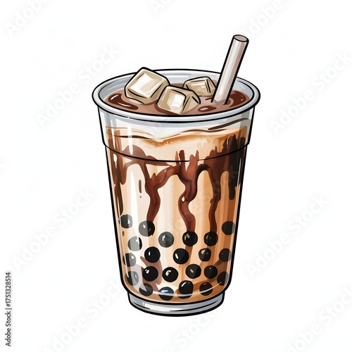 Watercolor Bubble Milk Tea with Tapioca Pearls Illustration, Iced Brown Sugar Boba Drink Clipart