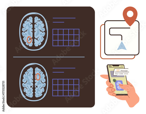 Brain scans displayed alongside a route map pin and hand holding phone with a medical code app. Ideal for health, diagnostics, navigation, communication, analysis, technology, innovation. Simple flat