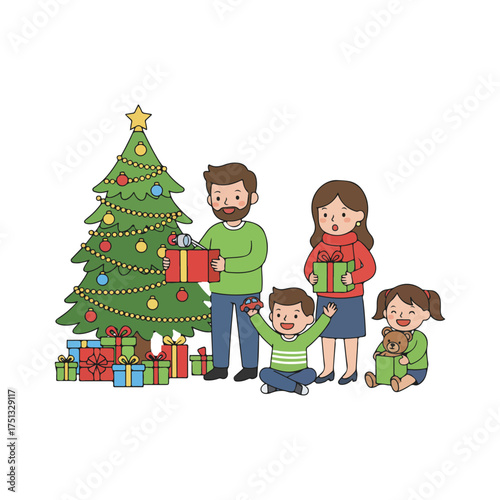 A Cartoon Family Celebrates Christmas Together Exchanging Gifts near a Decorated Tree with Colorful Ornaments and a Shiny Star Topper