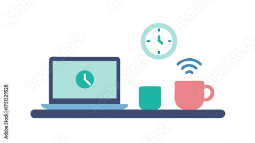 A cozy workspace with a laptop, clock, coffee, and wifi, creating a productive and comfortable atmosphere