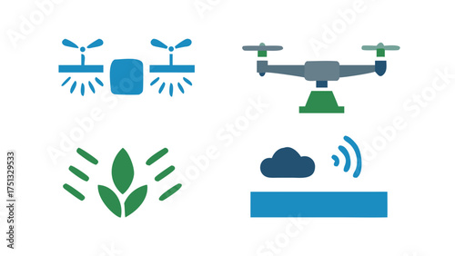 Smart agriculture icons, showcasing drone technology, crop monitoring, and cloud connectivity for efficient farming