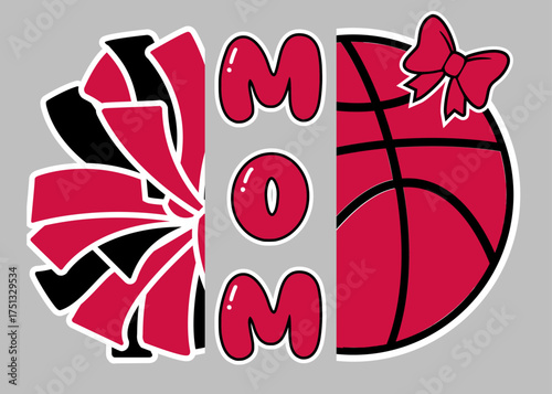 Red and Black CHEER MOM illustration. Cheerleader Pom-Pom and Chicago Basketball with the word MOM in the middle.
