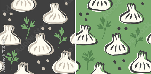 Vector seamless pattern of Georgian food of khinkali in doodle style. Khinkali, food of Georgia.