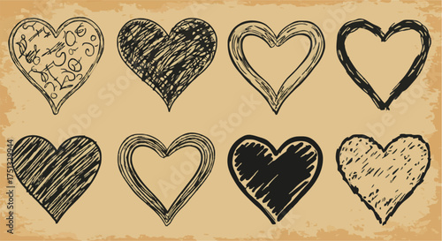 Vintage Sketch Heart Set: Hand-Drawn Doodle Hearts on Aged Brown Paper Background for Rustic Romance