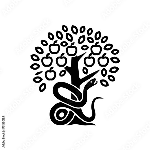 Fruit tree with snake and apples silhouette on a transparent background