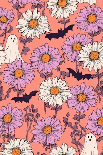 Pastel whimsical daisies with halloween ghosts and flying bats, seamless pattern background