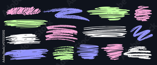 Grunge set of brush strokes in scratching style. Hand drawn charcoal doodle, collage elements. Neon colored marker pen design shapes. Pencil sribbles, squiggles are isolated on black backdrop.