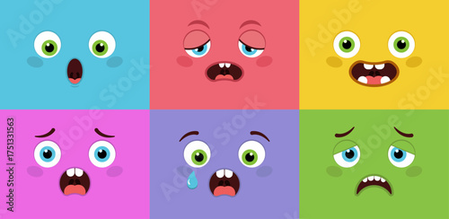 Cartoon monster faces set. Vector set of four Halloween monster faces. Mock up for package design