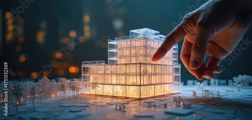 Digital architectural model shows building design. Hand points to structure outline. Futuristic tech visualizes construction plans. Project planning and development.