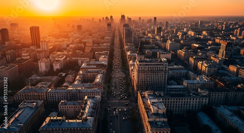 Breathtaking Aerial View of Metropolis Skyline at Golden Sunrise with Sun Flare and City Traffic