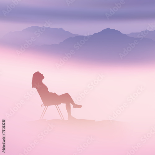 Woman sitting on camp chair. Relax at mountains. Silhouette in fog