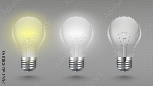 Realistic light bulb with glow effect and turned off electric lamp. Symbol of energy, inspiration, innovation. Vector illustration