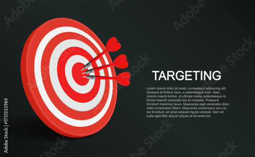 Red target with three arrows hitting the center. Concept of goal achievement, accuracy, business strategy, marketing focus. Vector EPS 10
