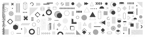 Collection of geometric shapes in Memphis design style. Black abstract elements for banner, poster or background. Retro vector circles, lines, triangles, and dots