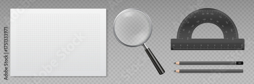 Set of realistic school and office stationery - magnifying glass, ruler, pencil and graph paper. Vector illustration for education, drawing, and research concept