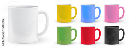 Realistic color cups for drinks, brand identity. Pottery ceramic mugs mockup set. Empty dishware template. Vector 3d isolated illustration