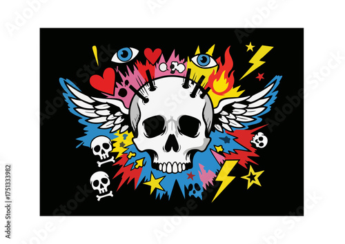 Colorful skull illustration with psychedelic elements and abstract shapes on a black background