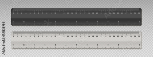 Set of realistic rulers 30 cm length. Plastic black and transparent ruler. School supplies and equipment. Measuring tool with with double side scale. Vector illustration