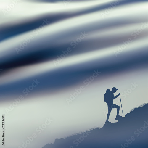 Hiking with trekking poles. Man on rocky mountain. Silhouette in fog