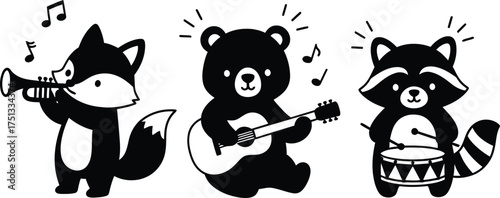 Cartoon Animal Band Vector Illustration with Fox Bear and Raccoon Isolated on PNG Background Black Silhouette Graphic Design for Kids Decoration Element