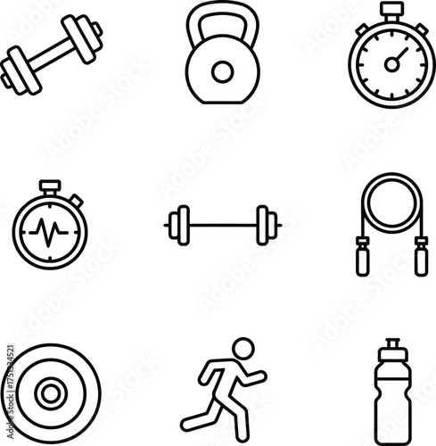 Fitness and Gym Equipment Vector Illustration Isolated on PNG Background Black Outline Graphic Design for Sport Training Exercise Workout Activity