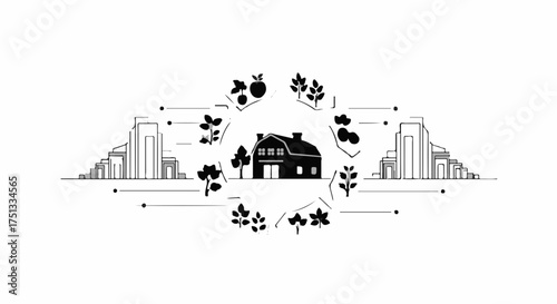 Harmonious blend of nature and urban life, showcasing sustainable living around a modern home.