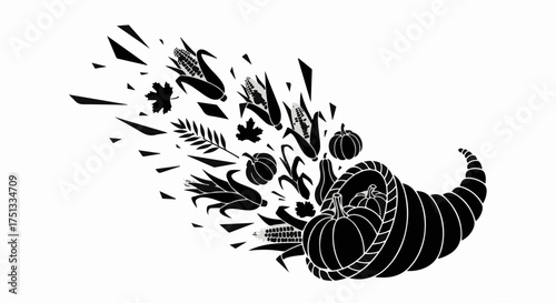 Abundant harvest spills from a cornucopia, symbolizing autumn's bounty and Thanksgiving.