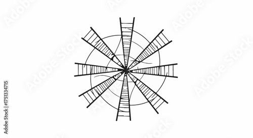 Abstract radial arrangement of ladders symbolizing interconnected pathways and ascent