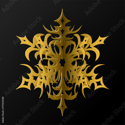Christmas card. Gold voluminous paper snowflake on  black background. vector illustration
