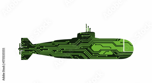 Futuristic submarine with integrated circuit board design, symbolizing advanced technology and underwater exploration.